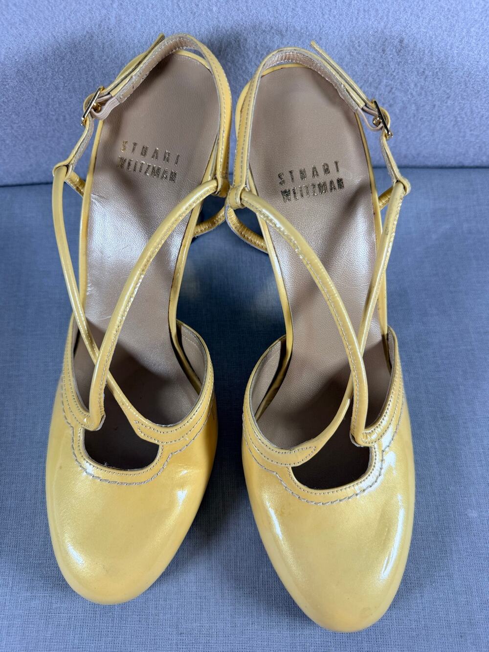 Stuart Weitzman Yellow Patent Leather Slingback T-Strap Block Heels Womens 6 M